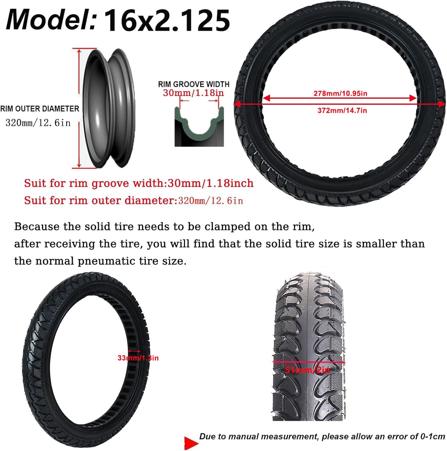 16x2.125 Electric Bicycle Solid Tire, Non-Inflation Explosion-Proof Tire, Replacement Tyres for Electric Bike — view 2