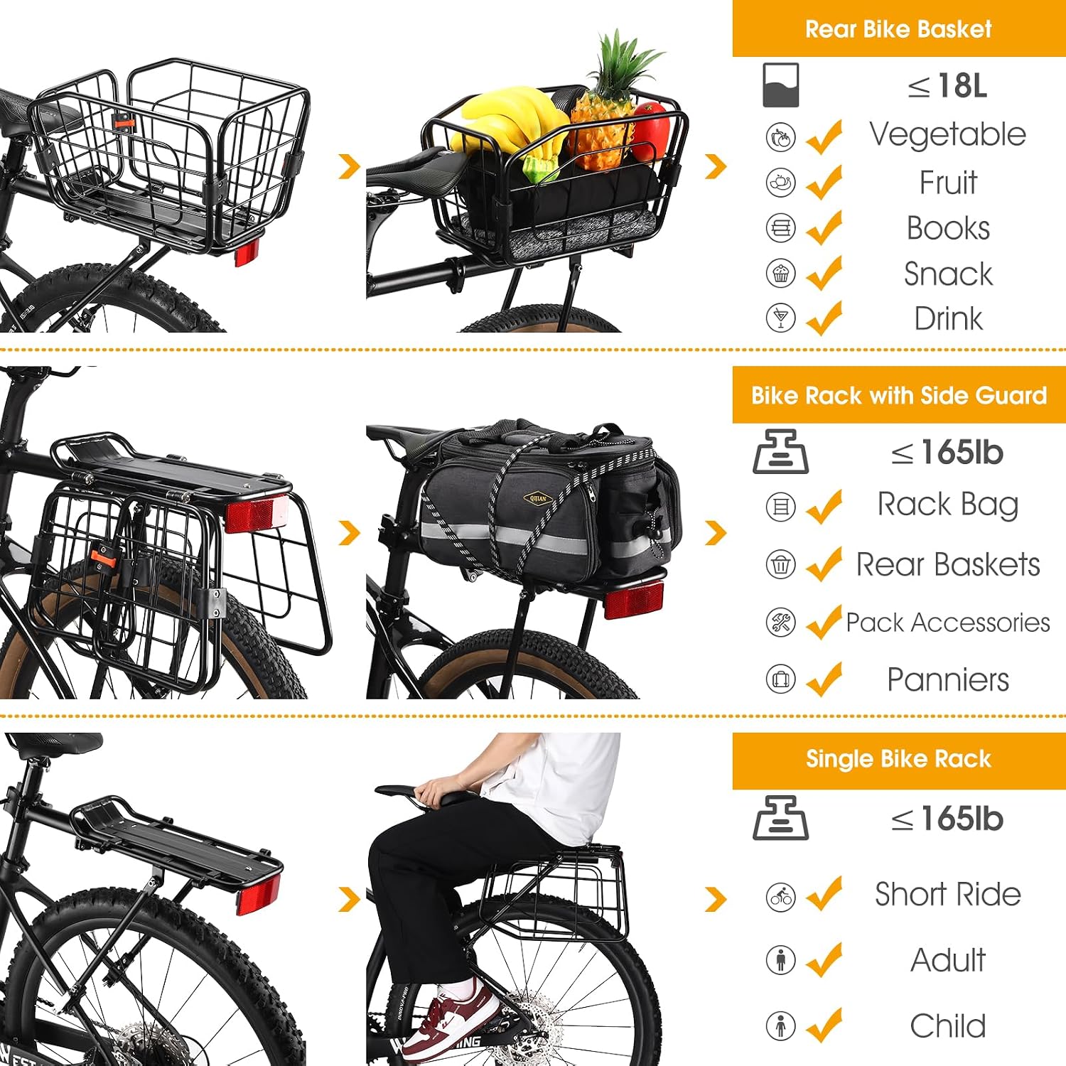 ANGGOER Rear Bike Rack with Basket, 165 LB Load - Aluminum Alloy Cargo Rack for Back of Bike with Free Bungee Cord & Wat