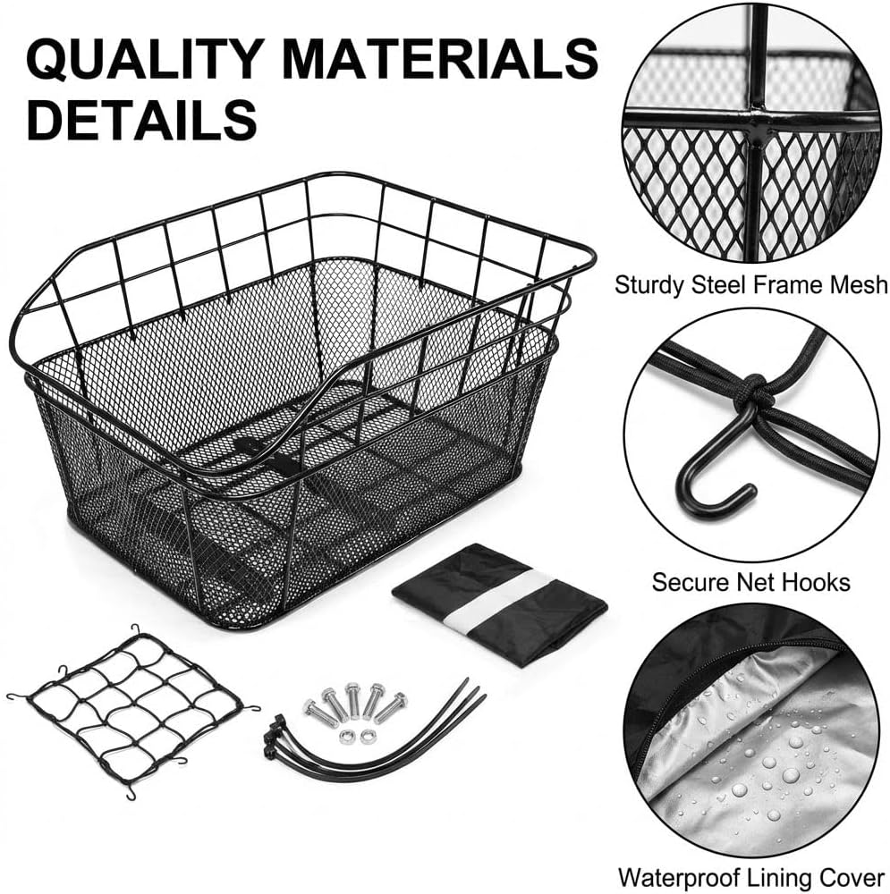 ANZOME Rear Bike Basket, Waterproof Metal Wire Bicycle Basket with Adjustable Cargo Net and Waterproof Rainproof Cover F